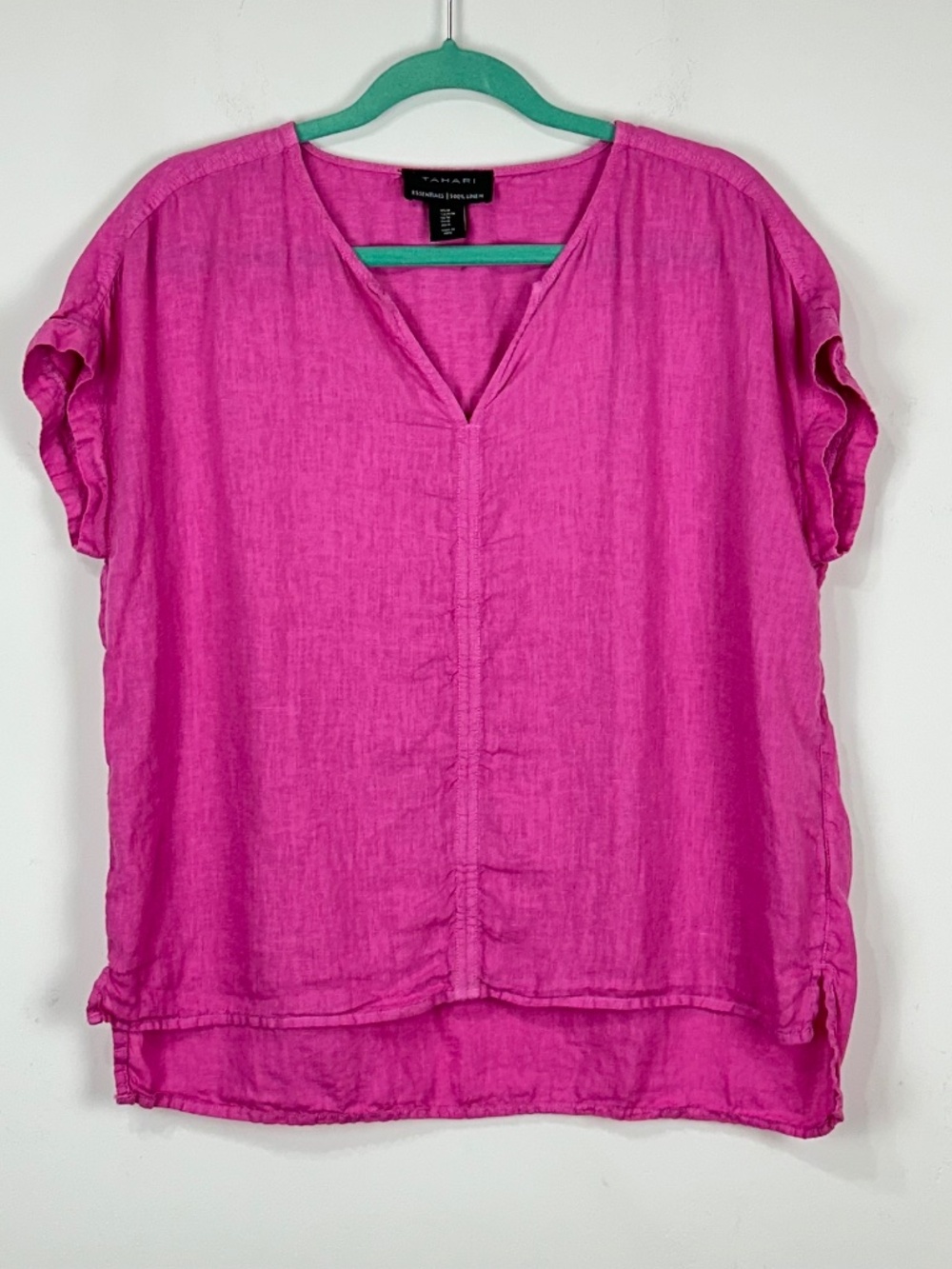Tahari Women's 100% Linen Fushia Cap Sleeve Top M Beach Boho Resortwear Summer